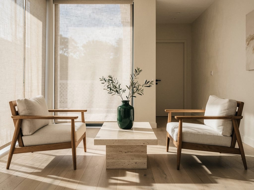A quiet clinic waiting lounge with oak chairs, a travertine table and linen blinds