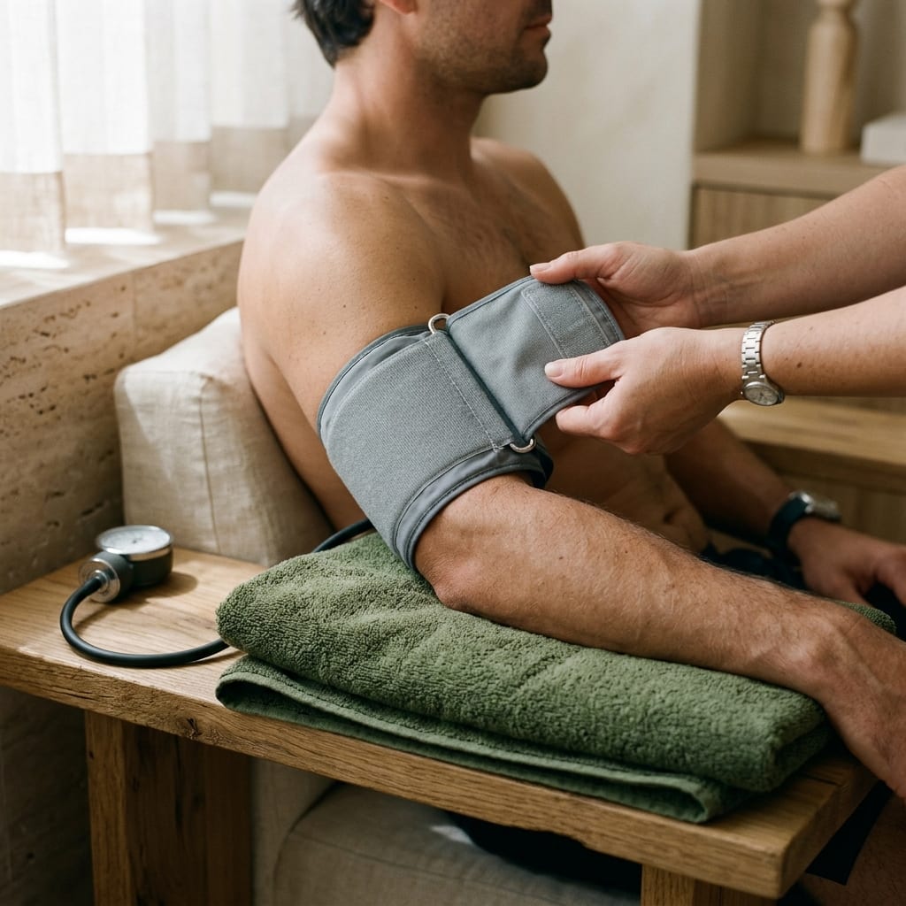 A clinician's hands fit a blood pressure cuff on a man's arm