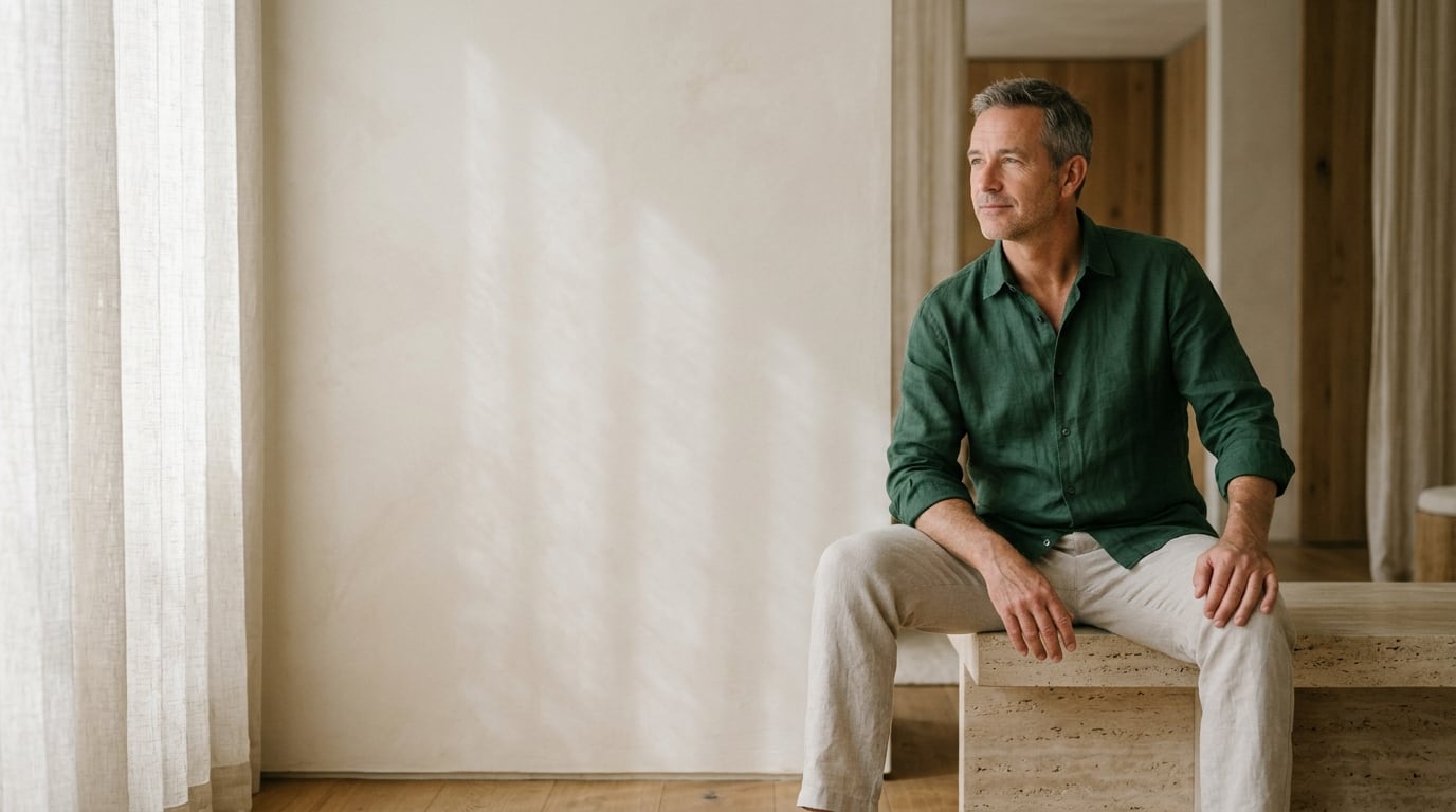 A calm middle-aged man in a green linen shirt sits on a stone bench in a quiet, sunlit clinic room