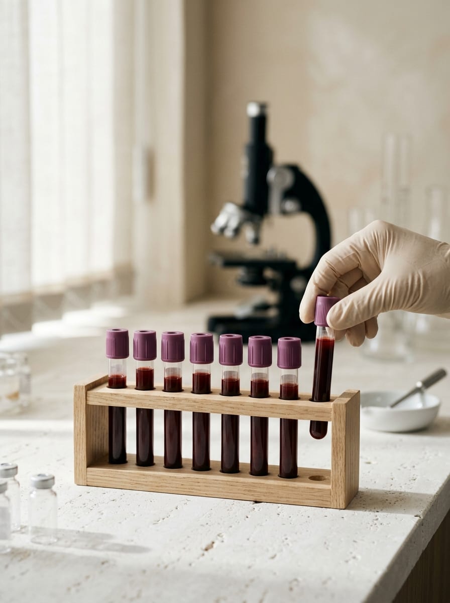Blood sample tubes for a hormone panel lined up in a wooden rack