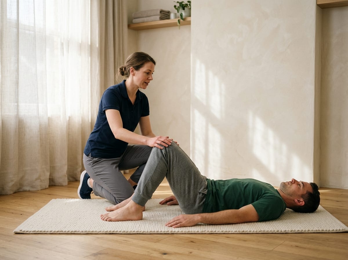 A physiotherapist guides a man through a pelvic floor exercise on a mat