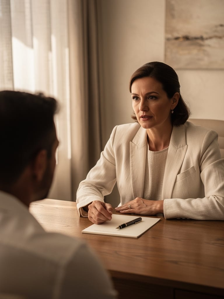 A urologist listens to a patient across a wooden desk during a private consultation