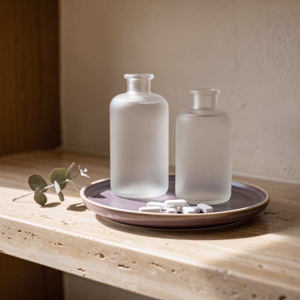 Unlabelled frosted glass medicine bottles and tablets on a plum ceramic tray